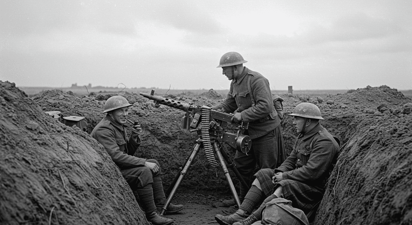 La Primera Guerra Mundial: Causas, consecuencias y por qué la llamaron la “Gran Guerra” 2 Fotografía histórica en blanco y negro de soldados en trinchera con ametralladora durante la Primera Guerra Mundial. Imagen que muestra la vida y el armamento en el frente, ideal para contenido sobre historia y conflictos bélicos.