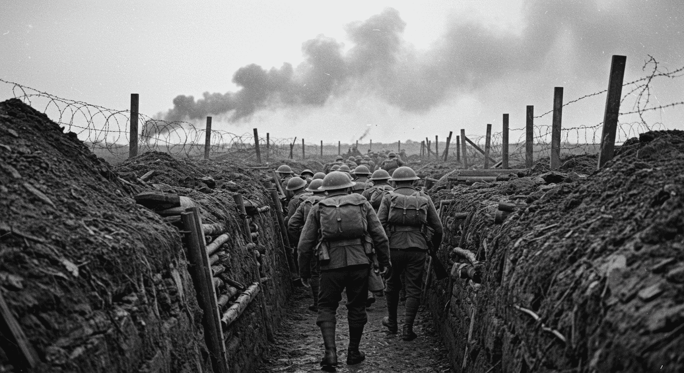 La Primera Guerra Mundial: Causas, consecuencias y por qué la llamaron la “Gran Guerra” 1 Imagen histórica en blanco y negro de soldados avanzando por una trinchera durante la Primera Guerra Mundial. Representación del conflicto bélico, las dificultades del frente y la vida en las trincheras. Ideal para contenido educativo sobre historia y conflictos mundiales.