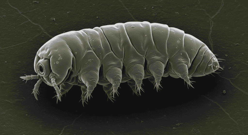 ¿Qué son los tardígrados? Conoce al ser más resistente del planeta 4 "Imagen de microscopio electrónico de un tardígrado u oso de agua en blanco y negro. Detalle del cuerpo segmentado y patas con garras del microanimal. Investigación científica de la vida microscópica."