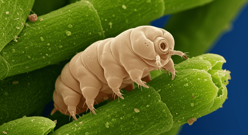 ¿Qué son los tardígrados? Conoce al ser más resistente del planeta 3 "Imagen de microscopio de un tardígrado u oso de agua sobre una planta verde. Fotografía científica que muestra el cuerpo segmentado y la cabeza del microanimal en detalle. Microfotografía de invertebrados terrestres."