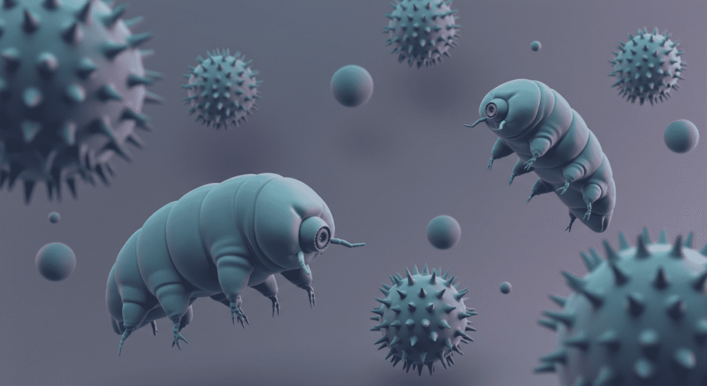 ¿Qué son los tardígrados? Conoce al ser más resistente del planeta 5 "Representación digital de tardígrados u osos de agua y microorganismos esféricos. Ilustración de animales microscópicos en colores azul y verde. Imagen de ciencia ficción con organismos de la vida microscópica."