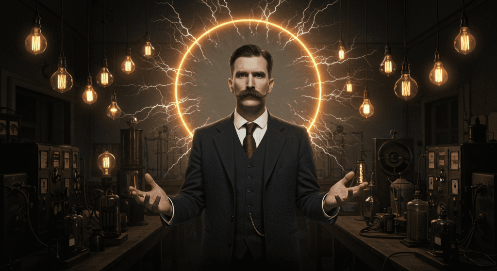 ¿Obsesión o revelación? El misterio de los números 3, 6 y 9 de Nikola Tesla 5 Hombre con bigote rodeado de electricidad en un laboratorio antiguo. Imagen de Nikola Tesla, ciencia, energía. Foto accesible para personas con discapacidad visual.