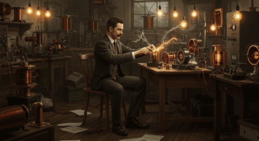 ¿Obsesión o revelación? El misterio de los números 3, 6 y 9 de Nikola Tesla 6 Hombre trabajando con equipo eléctrico en un laboratorio antiguo. Imagen de experimentación, ciencia, energía. Foto accesible para personas con discapacidad visual.