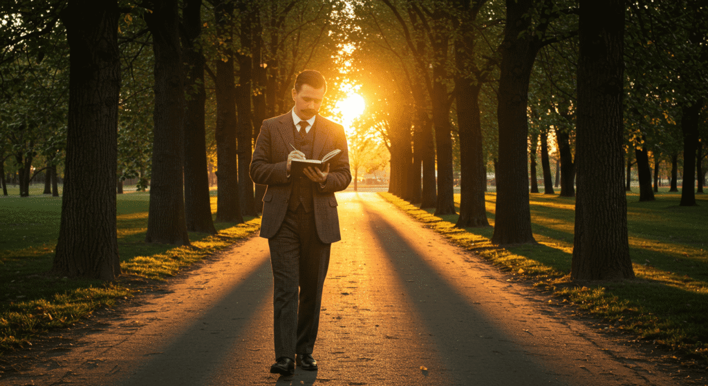 ¿Obsesión o revelación? El misterio de los números 3, 6 y 9 de Nikola Tesla 7 Hombre con bigote caminando por un parque al atardecer escribiendo en un libro. Imagen de paseo, reflexión, atardecer. Foto accesible para personas con discapacidad visual.