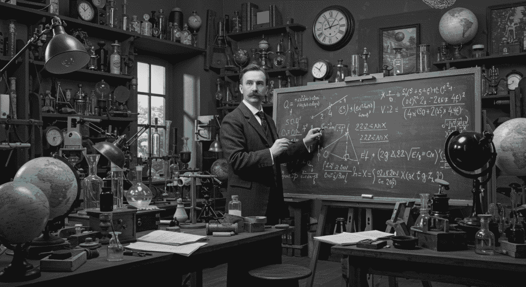¿Obsesión o revelación? El misterio de los números 3, 6 y 9 de Nikola Tesla 4 Hombre con bigote escribiendo en una pizarra llena de ecuaciones en un laboratorio antiguo. Imagen de ciencia, investigación, matemáticas. Foto accesible para personas con discapacidad visual.