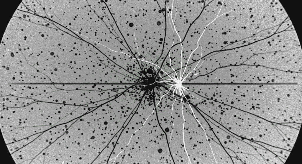 La Antimateria y sus posibles aplicaciones 3 Imagen en blanco y negro de trayectorias de partículas en una cámara de niebla. Representación visual de física de partículas y experimentos científicos.