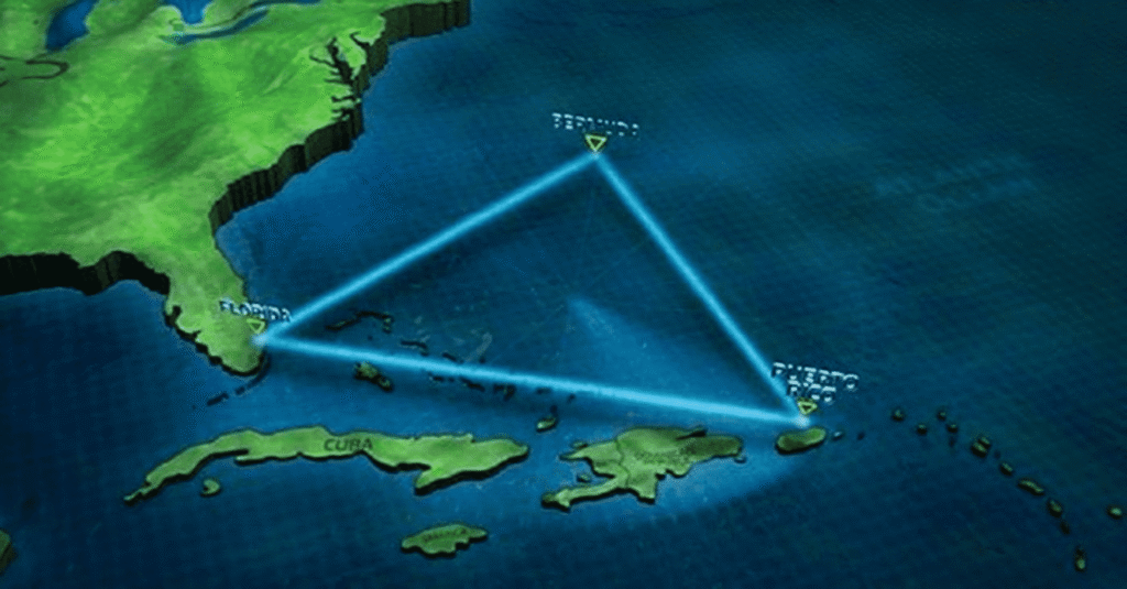 El Triángulo de las Bermudas: Misterios, desapariciones y teorías que aún desconciertan 2 Mapa del Triángulo de las Bermudas con Florida, Bermudas y Puerto Rico. Misterio marítimo y leyenda.