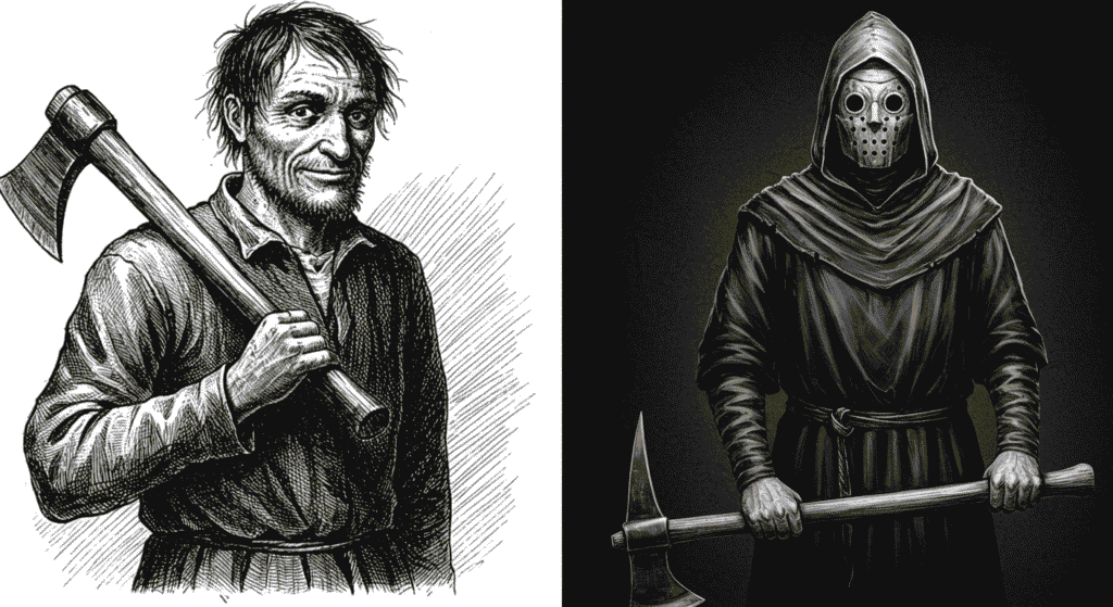 Los 6 verdugos más sanguinarios de la historia: Crueldad con sello oficial 5 "Imagen de dos ilustraciones en blanco y negro de verdugos, uno con un hacha y otro encapuchado. Contenido sensible. Apto para personas con discapacidad visual, con advertencia sobre contenido gráfico."