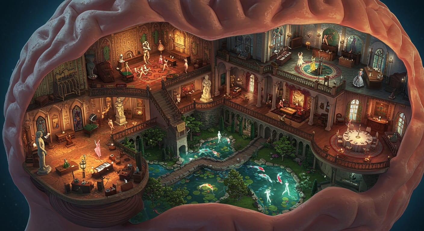 Una representación imaginativa de un gran palacio de la memoria con varias salas, cada una llena de objetos vívidos y simbólicos que representan diferentes recuerdos, con un cerebro humano como telón de fondo.