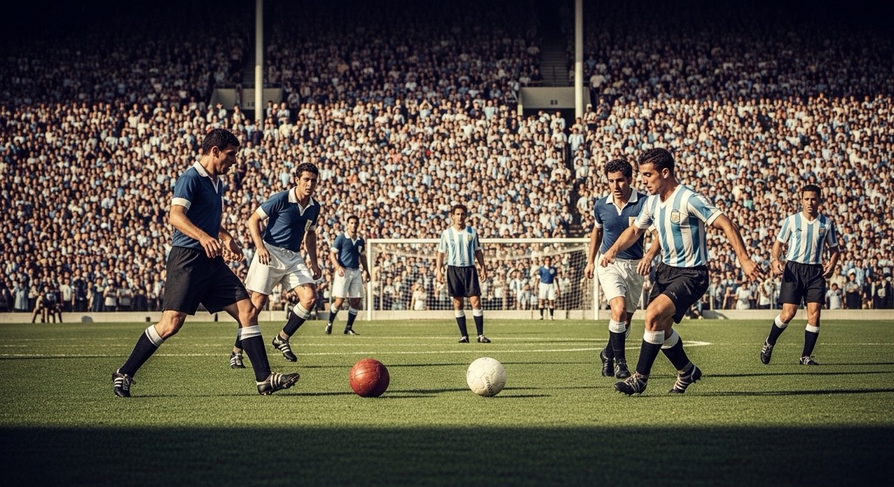 6 curiosidades de los Mundiales de Fútbol que no conocías 1 Ilustración del primer Mundial de 1930 en Uruguay con dos balones distintos en la final (curiosidad histórica del Mundial)