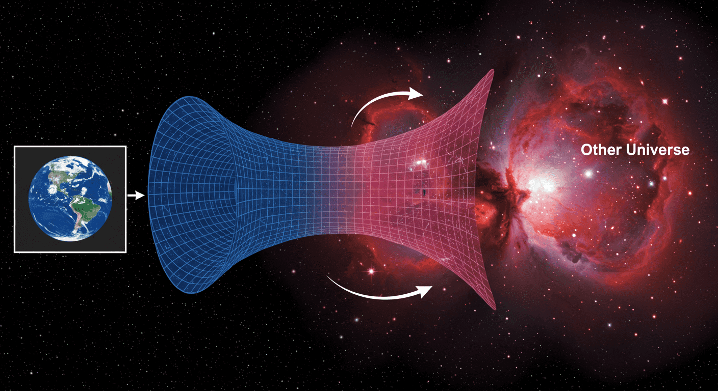 ¿Viajar en el tiempo es posible? Lo que dice la ciencia actual 2 Diagrama de un agujero de gusano conectando dos universos, con la Tierra como punto de entrada. Ilustración científica sobre viajes espaciales, ideal para temas de astronomía y física. Accesible para personas con discapacidad visual.