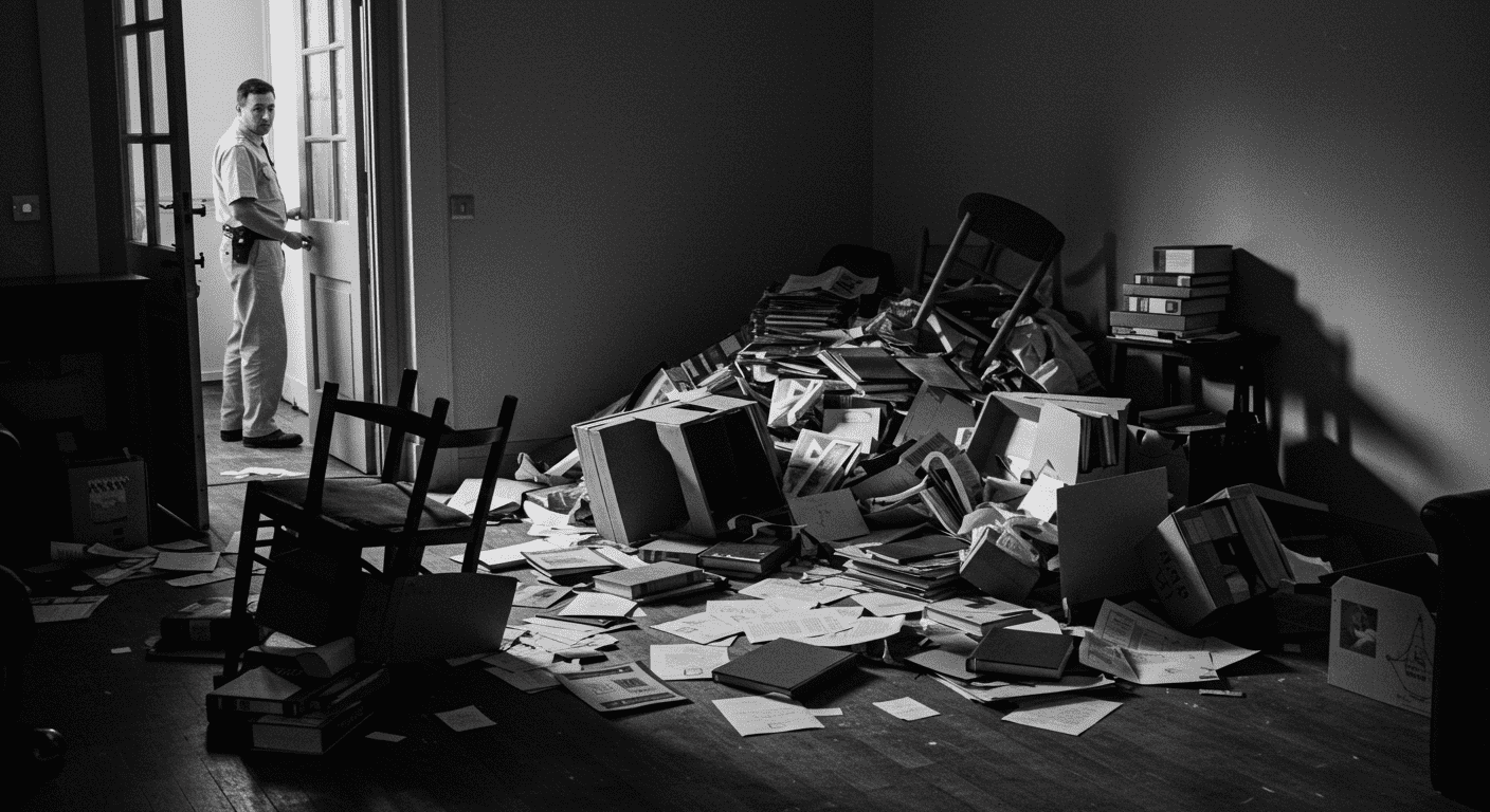 Fotografía de un allanamiento. Un oficial uniformado observa una habitación desordenada con documentos esparcidos por el suelo.