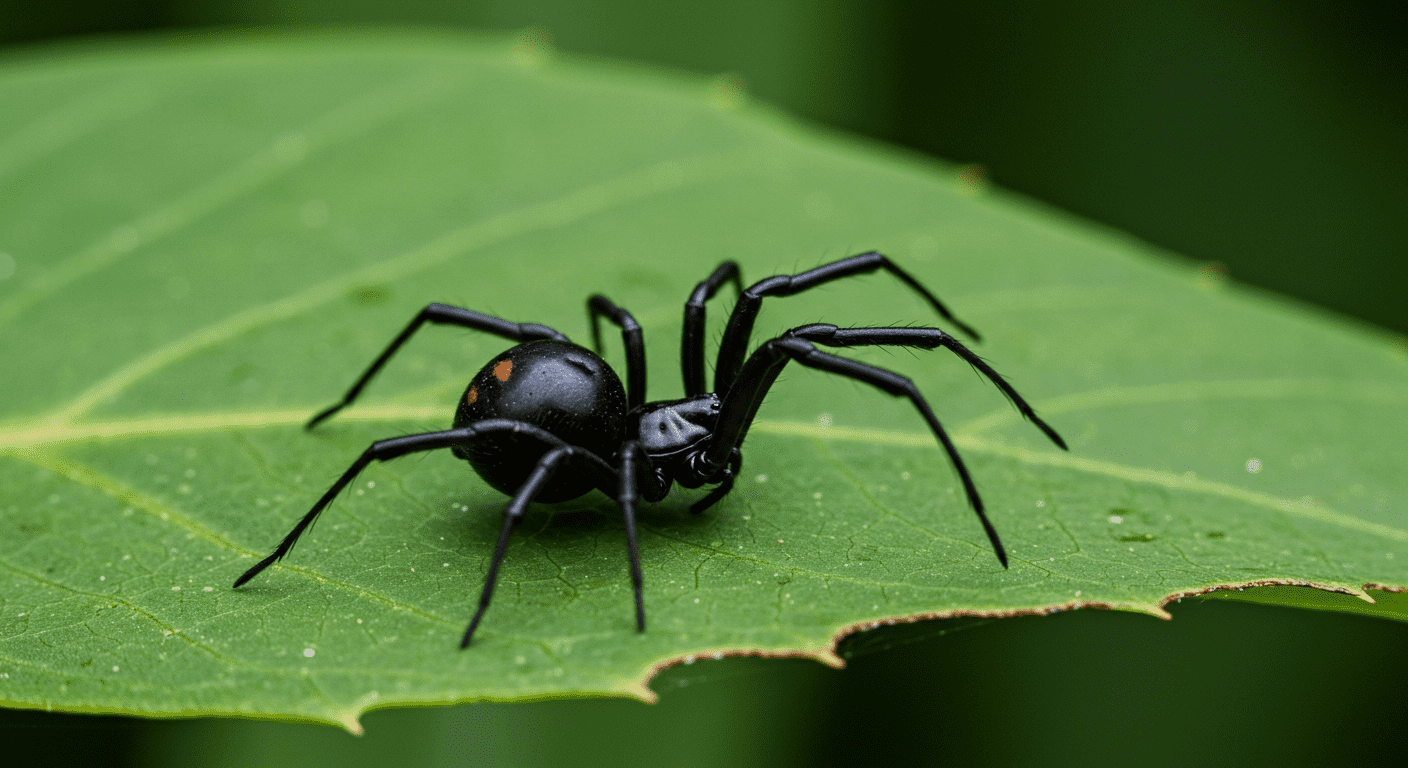 Araña viuda negra sobre hoja verde. Imagen de primer plano que muestra una peligrosa araña viuda negra con su característico punto rojo en el abdomen, posada sobre una hoja verde. Fotografía de naturaleza.