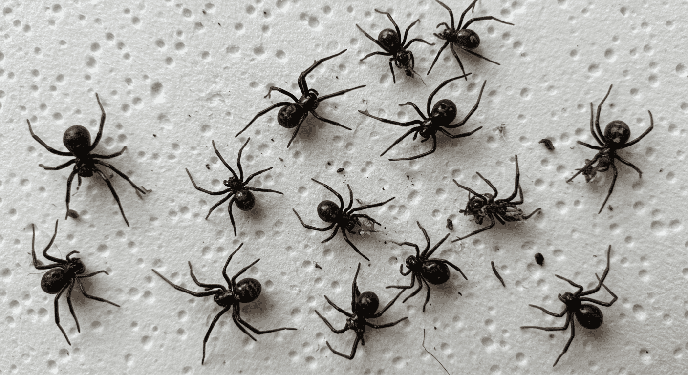Grupo de arañas viuda negra sobre papel. Imagen que muestra varias arañas viuda negra sobre una toalla de papel blanca. Representación de peligrosidad.