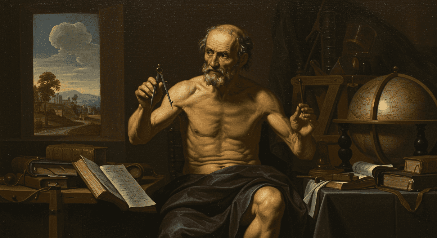 ¿Quién fue Arquímedes y por qué aún hablamos de sus inventos? 4 "Pintura barroca de Arquímedes desnudo, científico griego, usando un compás en su estudio. Obra de arte clásica que representa la ciencia y la geometría. Accesibilidad visual: imagen detallada de figura histórica con herramientas científicas y ambiente intelectual."