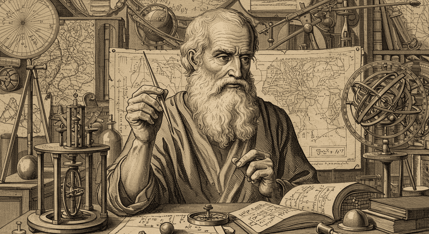 ¿Quién fue Arquímedes y por qué aún hablamos de sus inventos? 2 "Ilustración antigua de Arquímedes rodeado de instrumentos científicos y mapas. Imagen histórica representando la sabiduría y la investigación. Accesibilidad visual: dibujo detallado de inventor griego con herramientas de medición y estudio."