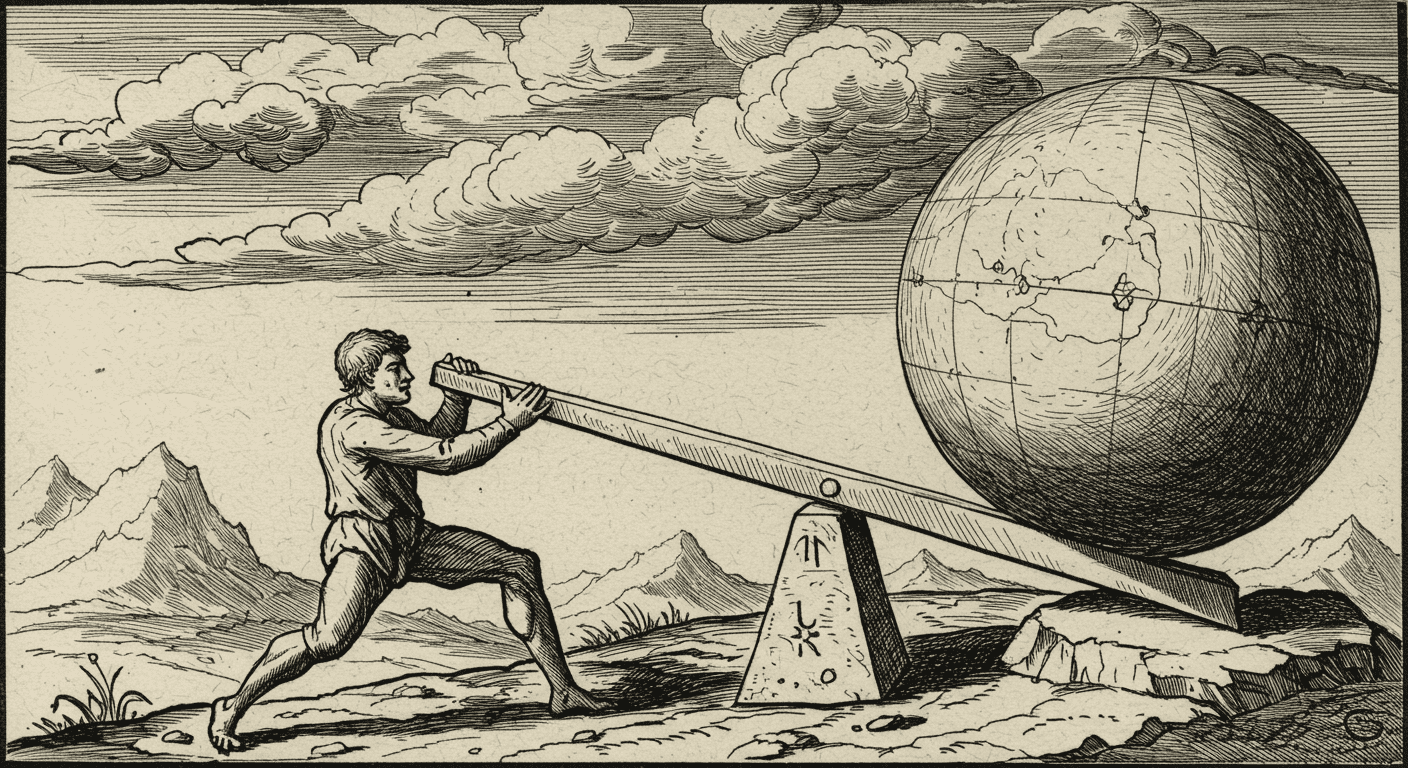 ¿Quién fue Arquímedes y por qué aún hablamos de sus inventos? 6 "Ilustración antigua de Arquímedes moviendo el mundo con una palanca. Imagen en blanco y negro representando el poder de la física y la ingeniería. Accesibilidad visual: dibujo detallado de inventor usando una palanca para levantar un globo grande."