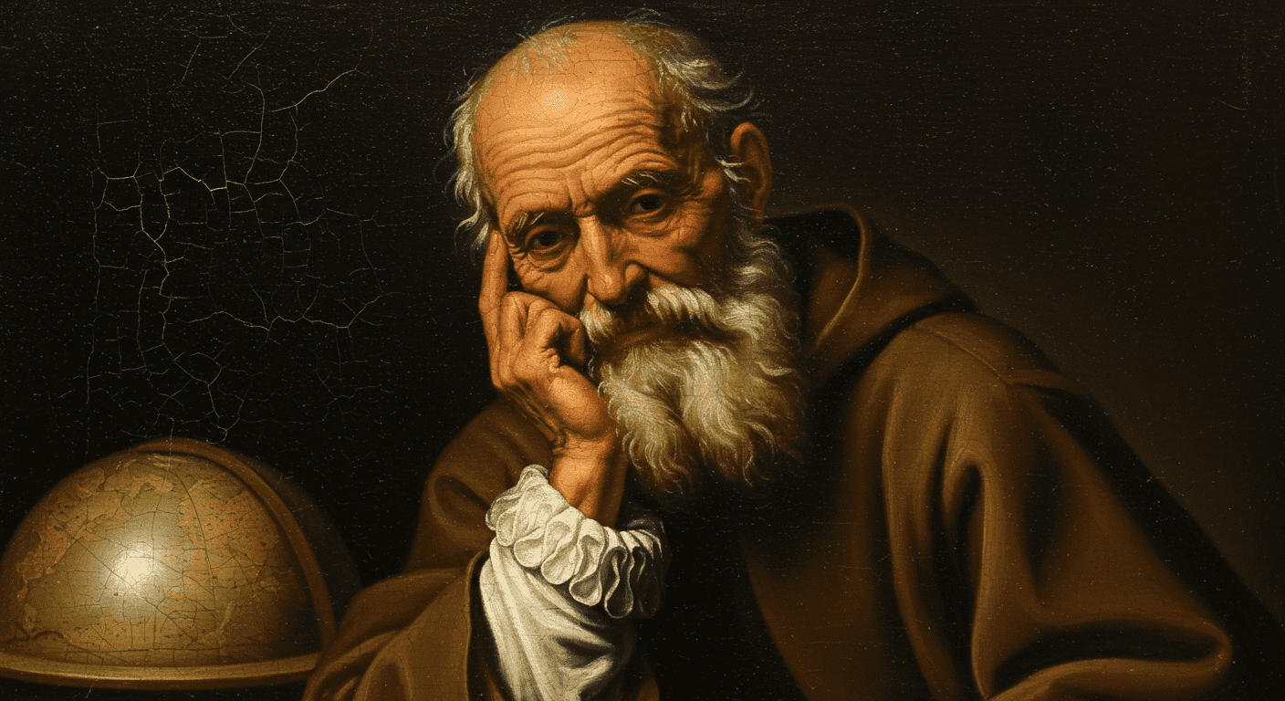 ¿Quién fue Arquímedes y por qué aún hablamos de sus inventos? 1 "Pintura al óleo de Arquímedes, científico y matemático, en actitud pensativa con un globo terráqueo. Obra de arte clásica representando la sabiduría y el conocimiento. Accesibilidad visual: imagen detallada de figura histórica con barba blanca y expresión concentrada."