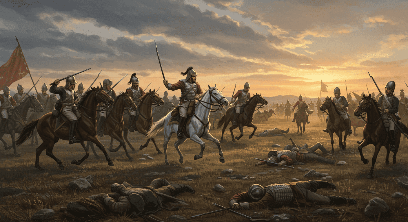 ¿Quién fue Simón Bolívar? El Libertador de América explicado 5 Ilustración de una batalla histórica con soldados a caballo en un campo de combate. Escena bélica con líder militar al frente.