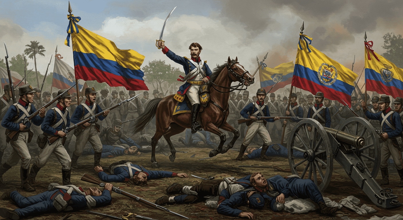 ¿Quién fue Simón Bolívar? El Libertador de América explicado 6 Pintura que representa una batalla por la independencia de Colombia, con soldados, banderas y un líder a caballo. Escena histórica y bélica.