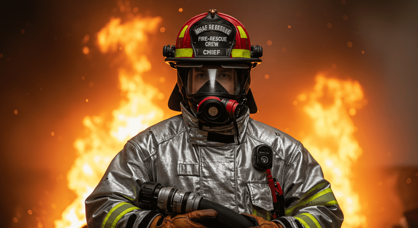 Adrenalina: cómo actúa en el cuerpo humano y por qué la necesitamos 3 Bombero en acción con equipo completo, casco rojo y traje protector plateado. Fondo de fuego y humo. Rescate de bomberos.