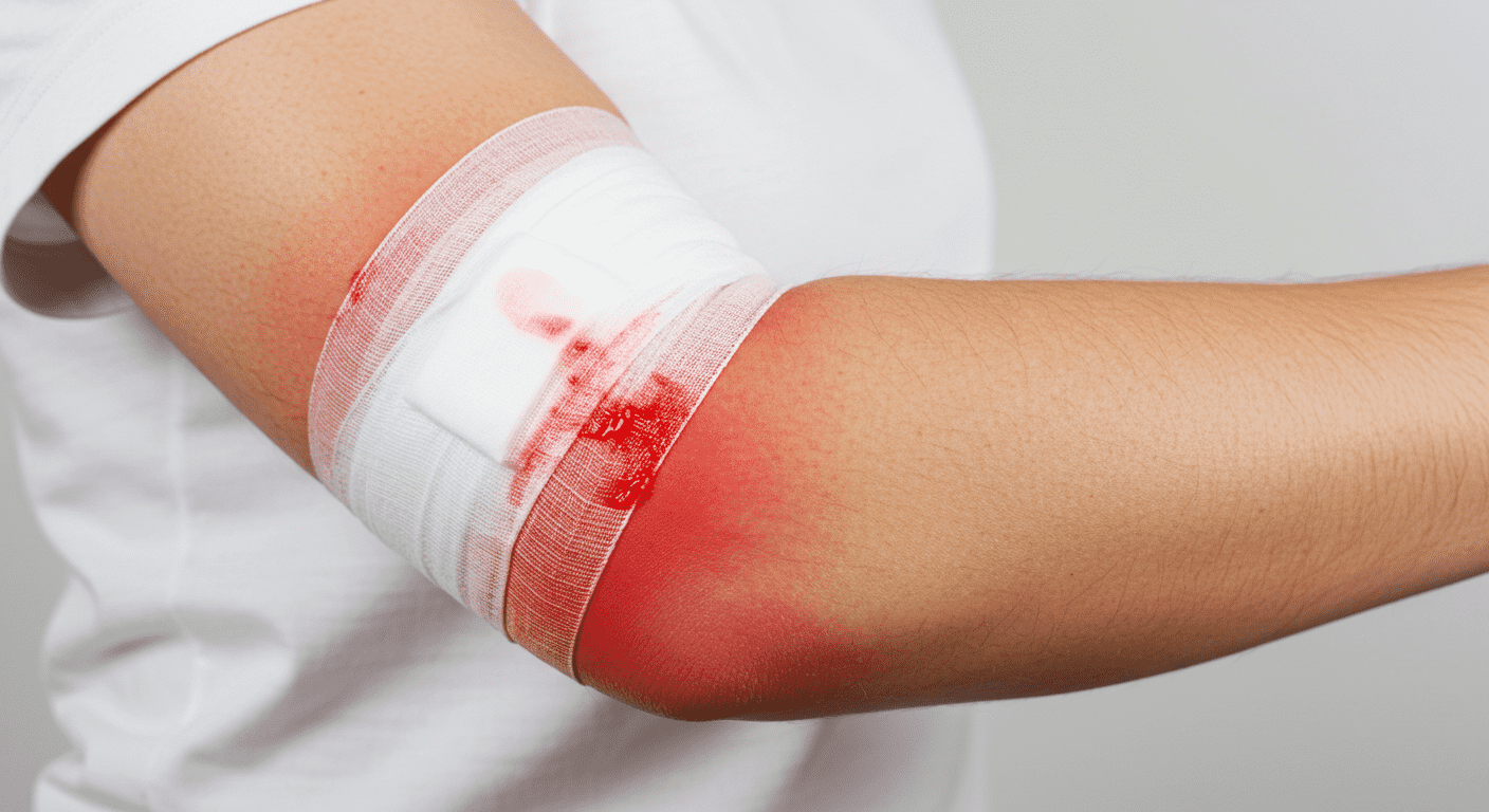 Enfermedades genéticas: qué son y los tipos más comunes 6 Imagen de un brazo con un vendaje manchado de sangre en el codo, indicando una herida o lesión.