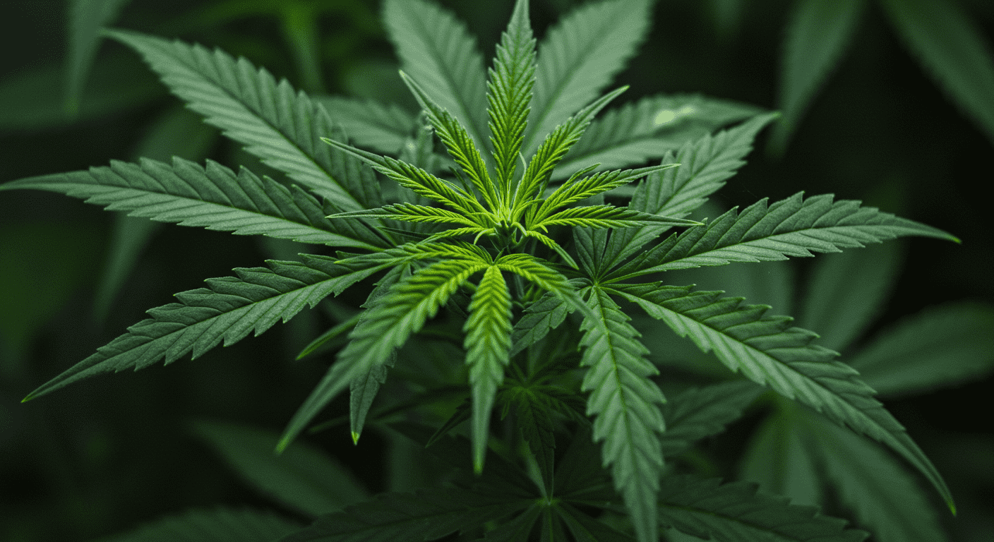Hoja de cannabis con la fórmula química del CBD. Imagen sobre el cannabidiol y sus propiedades. Accesible para personas con discapacidad visual.