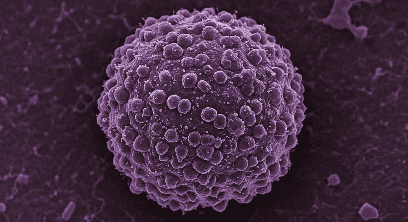 Adrenalina: cómo actúa en el cuerpo humano y por qué la necesitamos 6 Imagen microscópica de célula en tonos púrpura. Estructura celular con protuberancias. Microscopía electrónica.