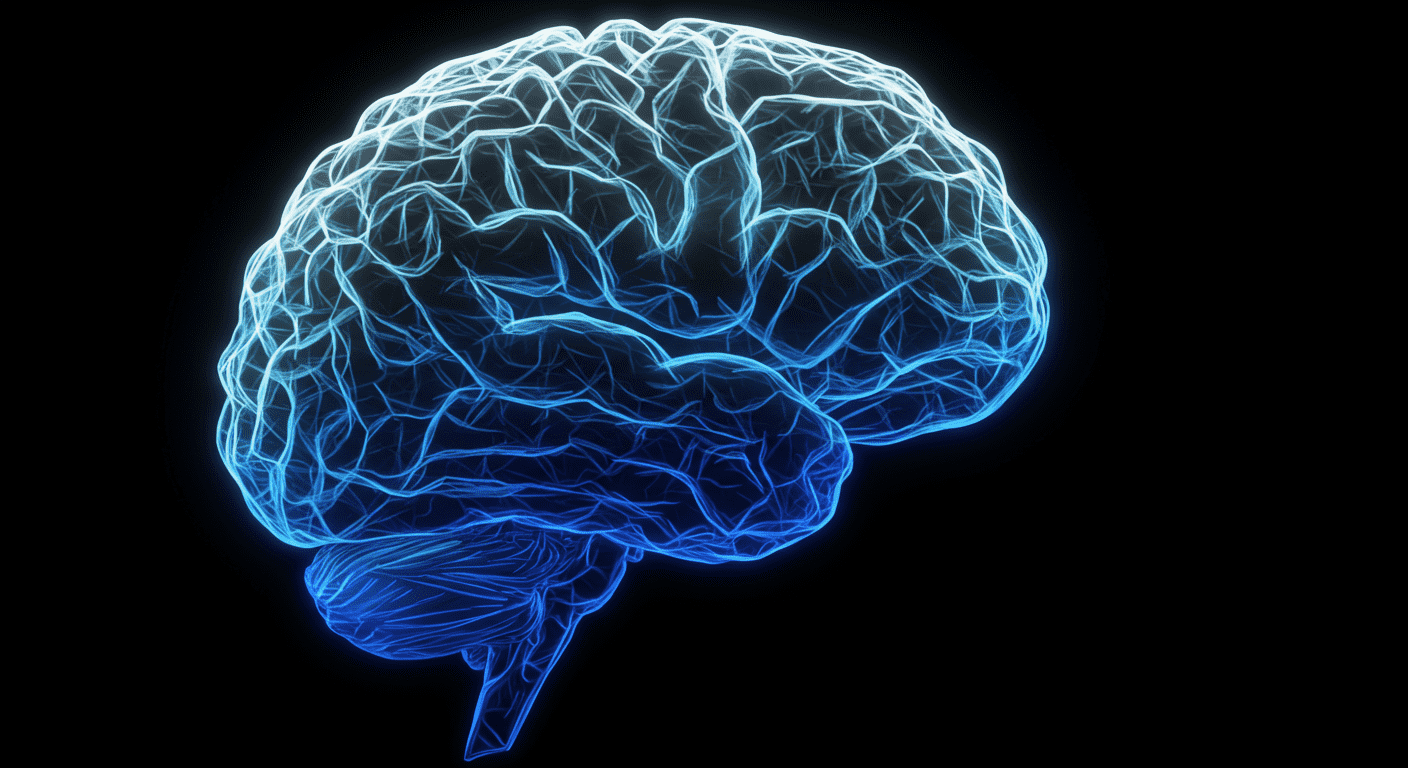 Parálisis facial: Causas, síntomas y el misterio detrás del síndrome de Bell 3 "Ilustración abstracta de cerebro humano con diseño de red neuronal azul y blanco sobre fondo negro. Representación gráfica de la inteligencia y el conocimiento. Accesibilidad web."