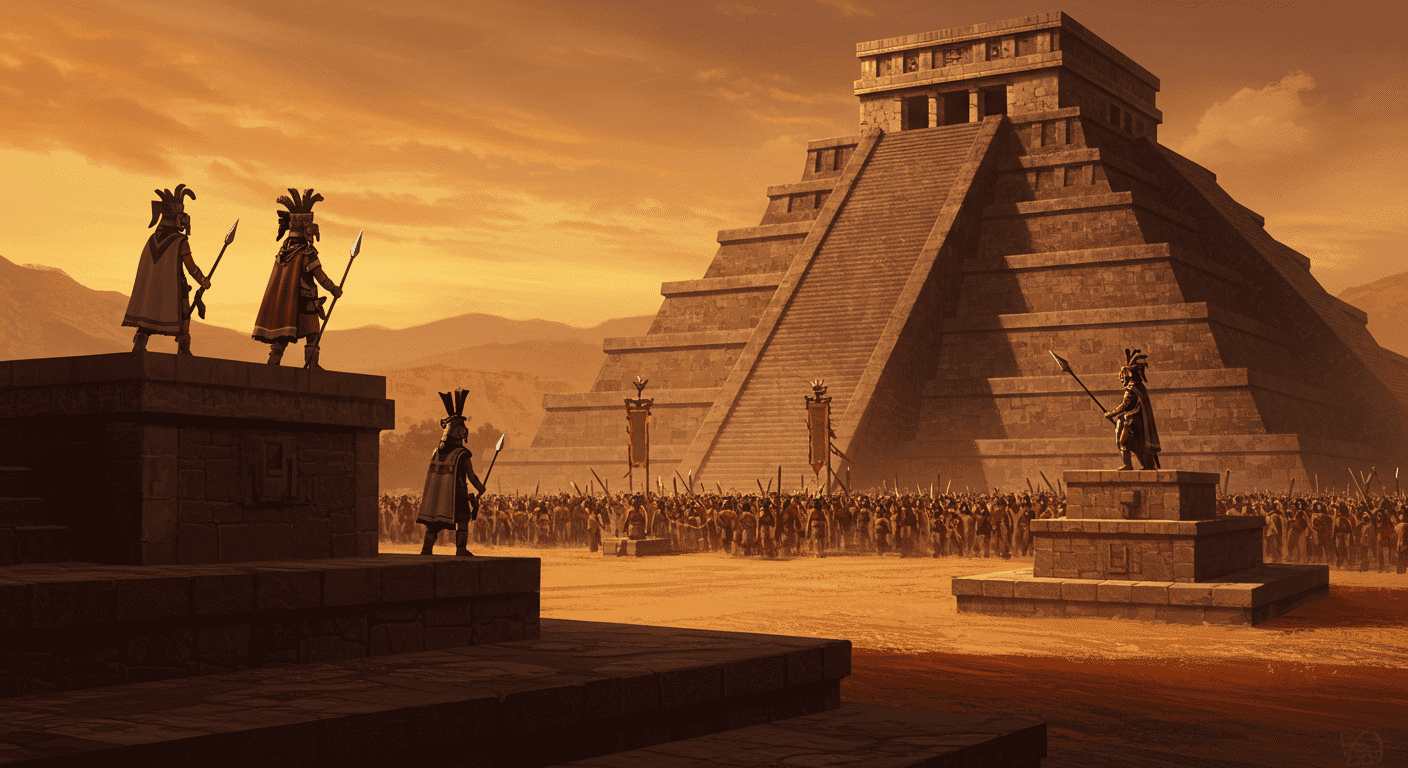 La desaparición de los mayas: El misterio de una civilización adelantada 5 Ilustración de ceremonia azteca o maya con pirámide y multitud. Arte que representa la historia y cultura mesoamericana.