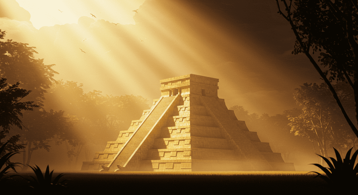 La desaparición de los mayas: El misterio de una civilización adelantada 6 Pirámide de Chichen Itza iluminada por rayos de luz, escena mística maya. Arquitectura antigua y patrimonio cultural de México.