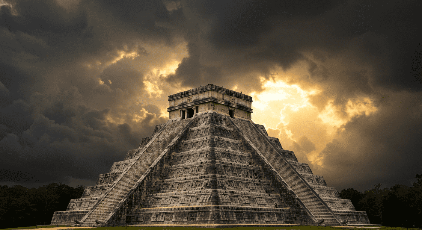 La desaparición de los mayas: El misterio de una civilización adelantada 3 Pirámide de Chichen Itza con cielo tormentoso, antiguo sitio maya en México. Imagen dramática de arquitectura maya e historia mesoamericana.