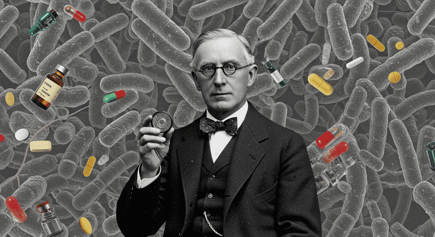 ¿Quién fue Alexander Fleming? El hombre detrás del primer antibiótico 3 Diseño digital con científico y bacterias de fondo. Imagen abstracta con microbiólogo y elementos científicos, ideal para contenido sobre ciencia, investigación y salud.