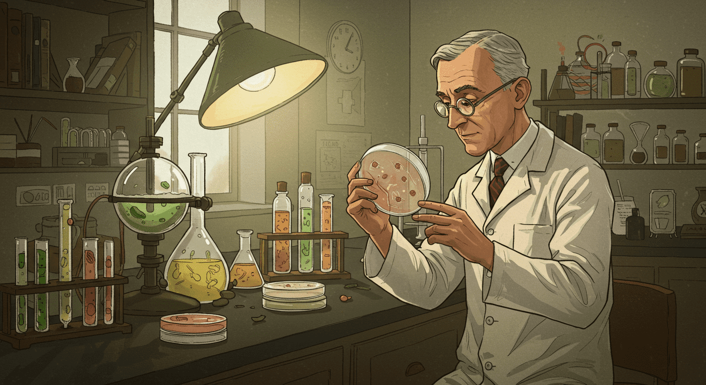 ¿Quién fue Alexander Fleming? El hombre detrás del primer antibiótico 2 Ilustración de científico en laboratorio con placa de Petri. Diseño cartoon con ambiente de investigación, ideal para contenido educativo sobre ciencia y microbiología.