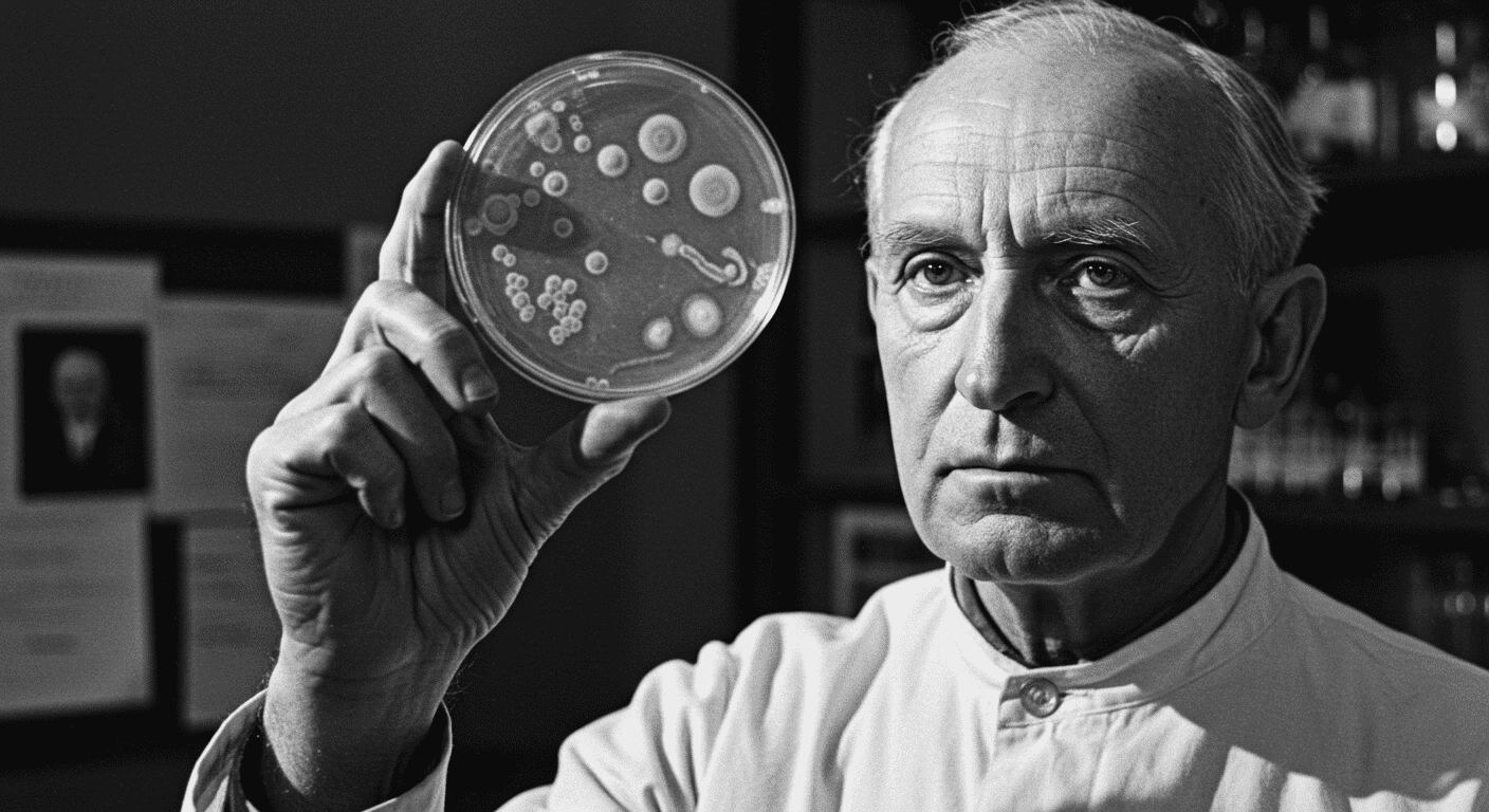 ¿Quién fue Alexander Fleming? El hombre detrás del primer antibiótico 6 Científico trabajando en laboratorio en fotografía antigua. Imagen histórica con investigador y equipo científico, ideal para contenido sobre ciencia, investigación y microbiología.
