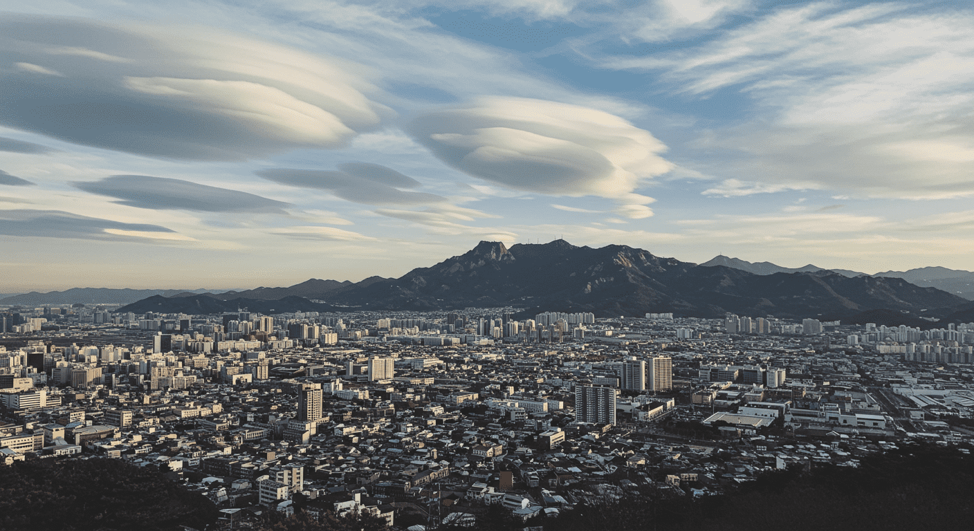Paisaje urbano con nubes lenticulares. Vista de una ciudad bajo un cielo nuboso y montañas imponentes.