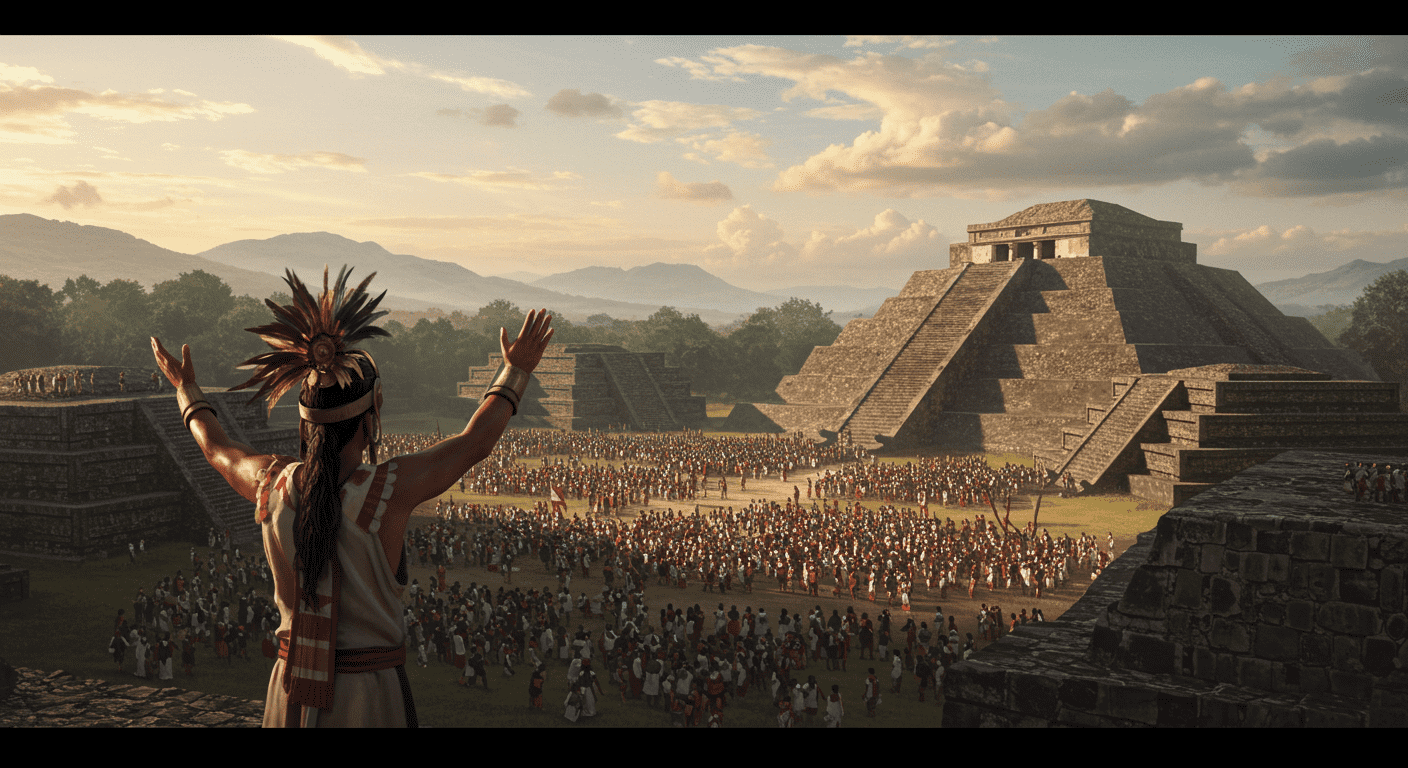 La desaparición de los mayas: El misterio de una civilización adelantada 1 Imagen de una multitud frente a pirámides mayas o aztecas, con un líder con penacho. Escena histórica de civilización antigua con arquitectura imponente y gente reunida.