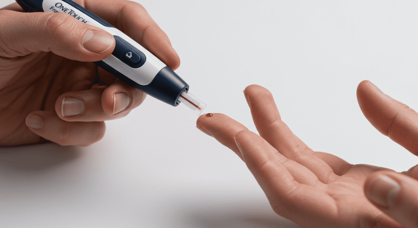 ¿Qué es la diabetes y cómo afecta al cuerpo humano? 7 Toma de muestra de sangre para control de glucosa con dispositivo OneTouch. Diabetes, control de azúcar en sangre y salud.
