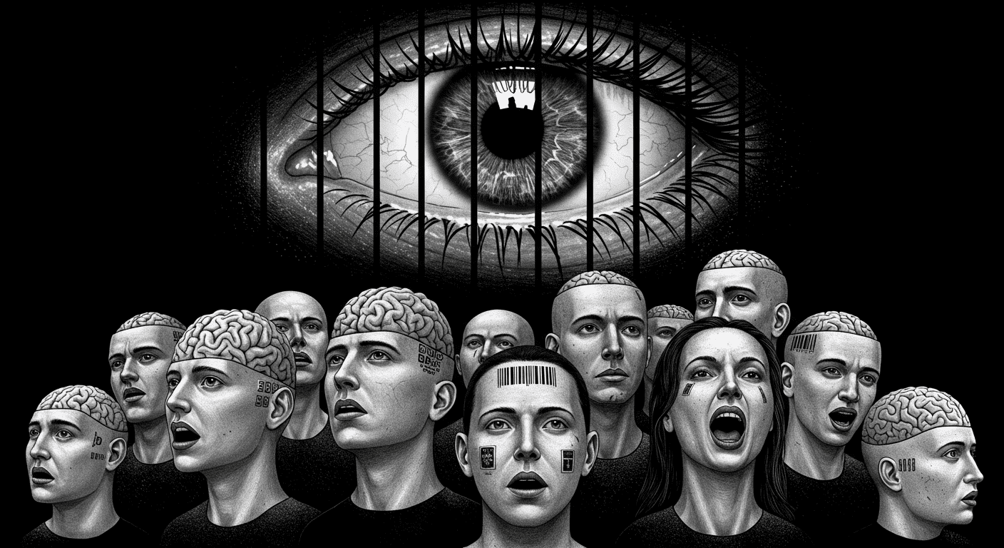 Proyecto MK Ultra: las escalofriantes pruebas secretas de la CIA 2 Ilustración distópica en blanco y negro: ojo vigilante, control mental y pérdida de individualidad. Censura, opresión, futuro sombrío.