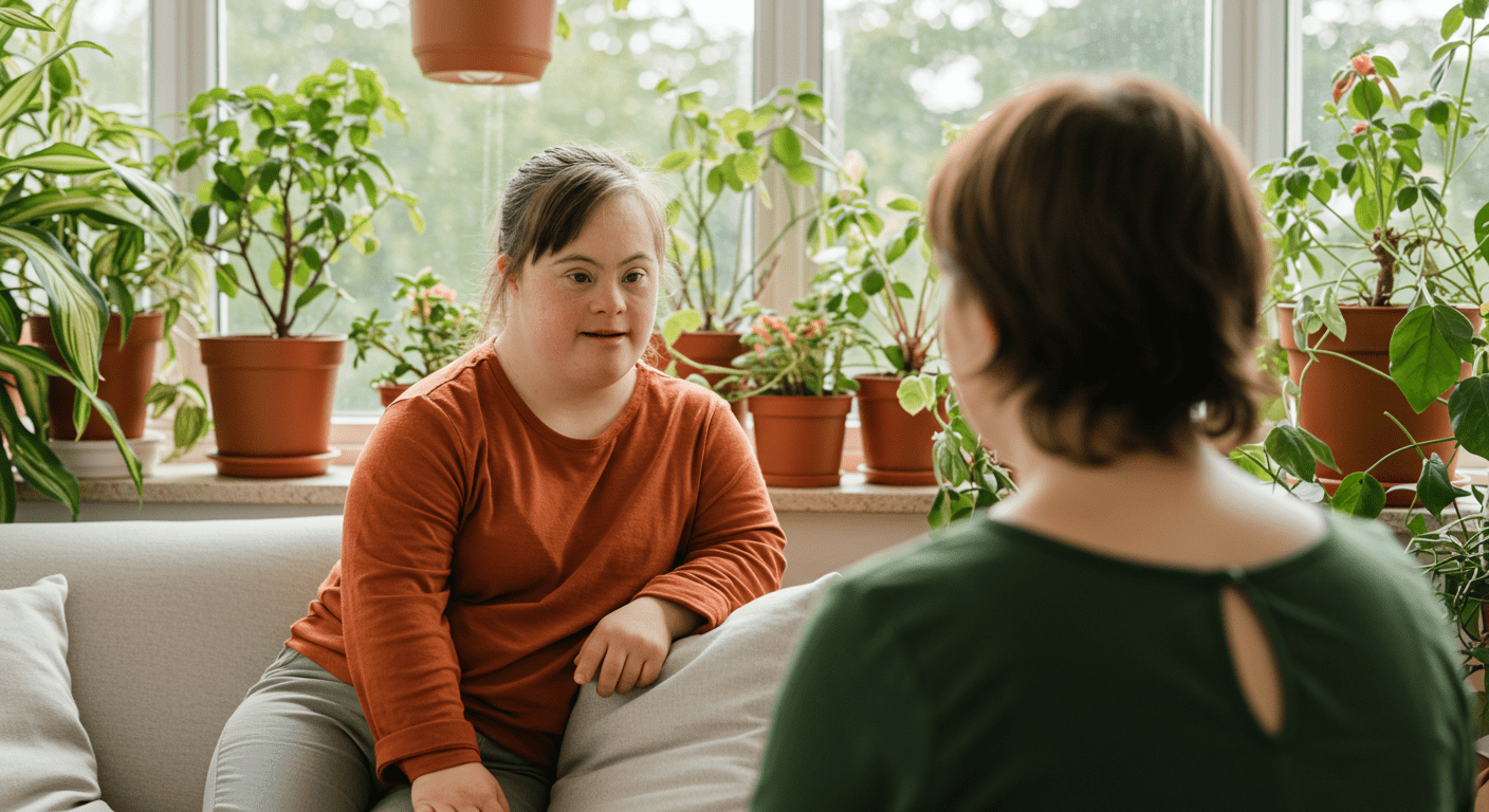 Síndrome de Down (Trisomía 21): Una mirada científica y humana 5 Dos mujeres conversando en un espacio interior lleno de plantas. Inclusión, amistad y bienestar. Espacio iluminado y acogedor.