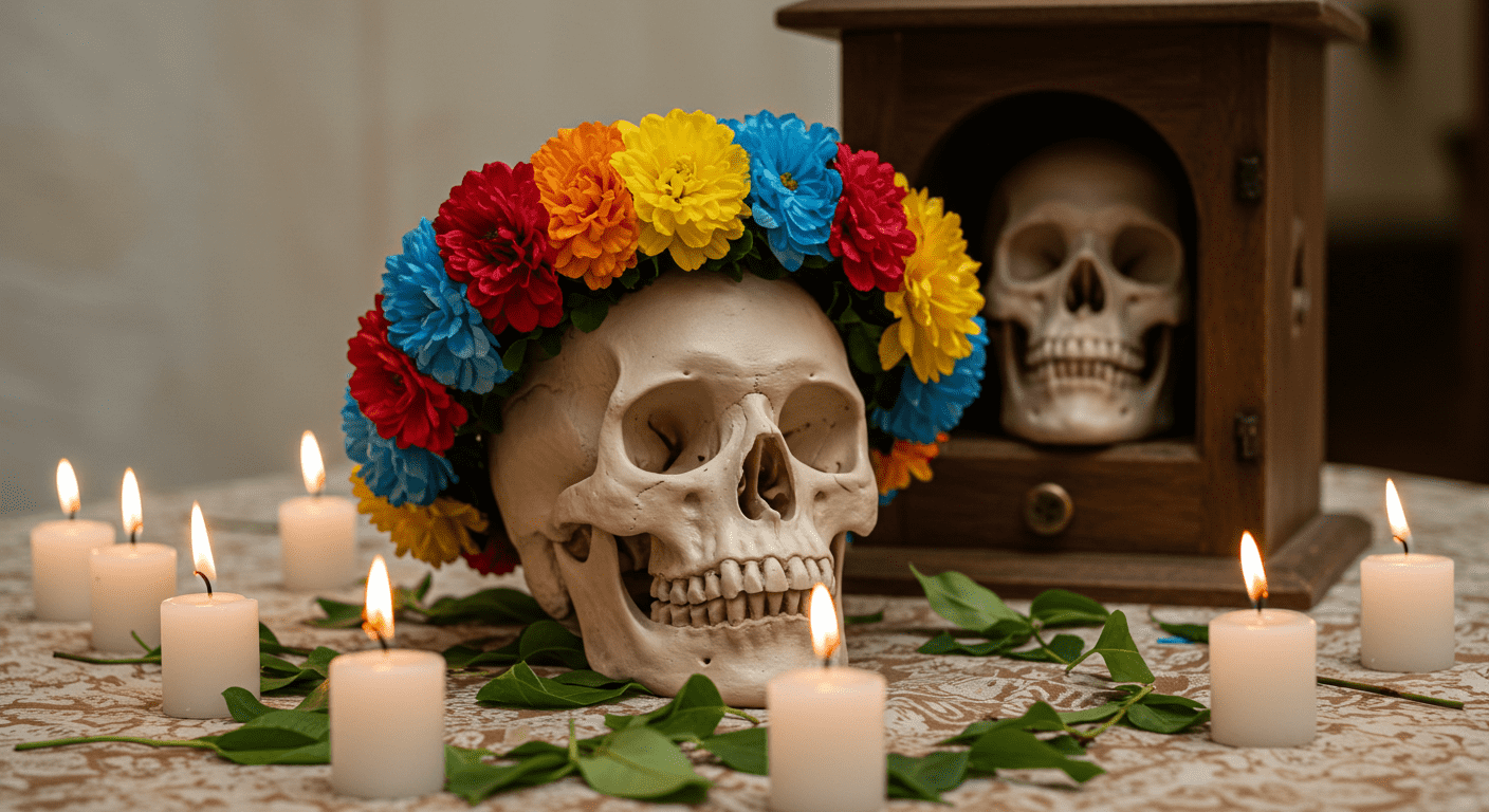 Los ritos funerarios más extraños del mundo: costumbres que sorprenden 7 Cráneo humano adornado con flores en ritual andino del Día de los Muertos. Tradición cultural de Bolivia, ideal para temas de antropología y costumbres. Accesible para personas con discapacidad visual.