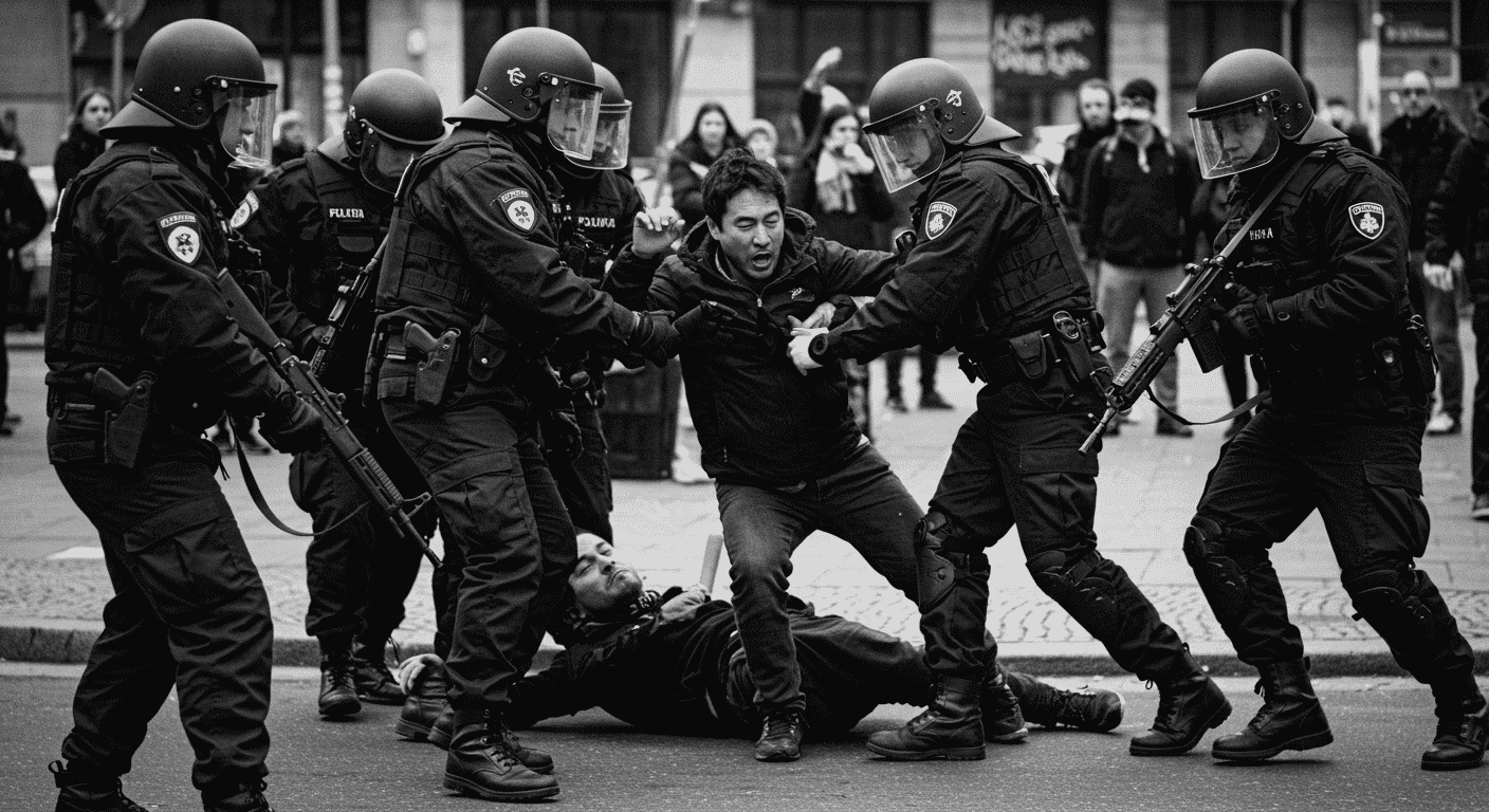 Fotografía en blanco y negro de una detención durante una protesta. Uniformados con equipo antidisturbios someten a un manifestante.