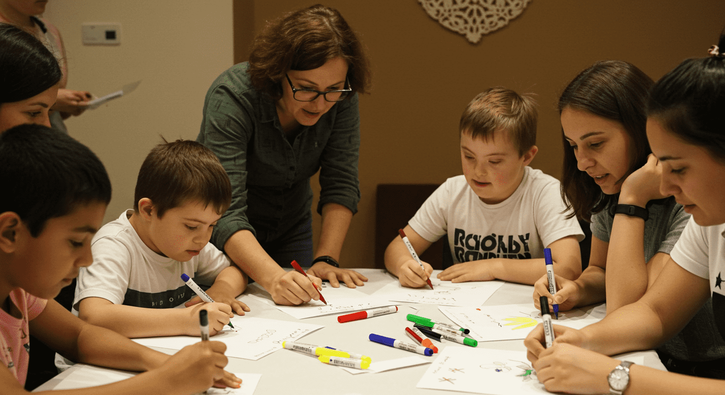 Síndrome de Down (Trisomía 21): Una mirada científica y humana 4 Niños y adultos dibujando juntos con marcadores. Inclusión y diversidad. Actividad artística en grupo. Aprendizaje creativo.