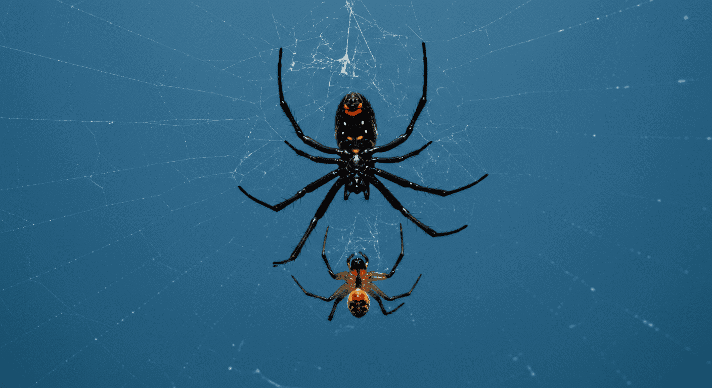 Dos arañas en su telaraña con fondo azul. Imagen de dos arañas de diferentes tamaños, una negra con marcas naranjas y otra naranja con patas negras, suspendidas en su telaraña sobre un fondo azul. Representación de la fauna.