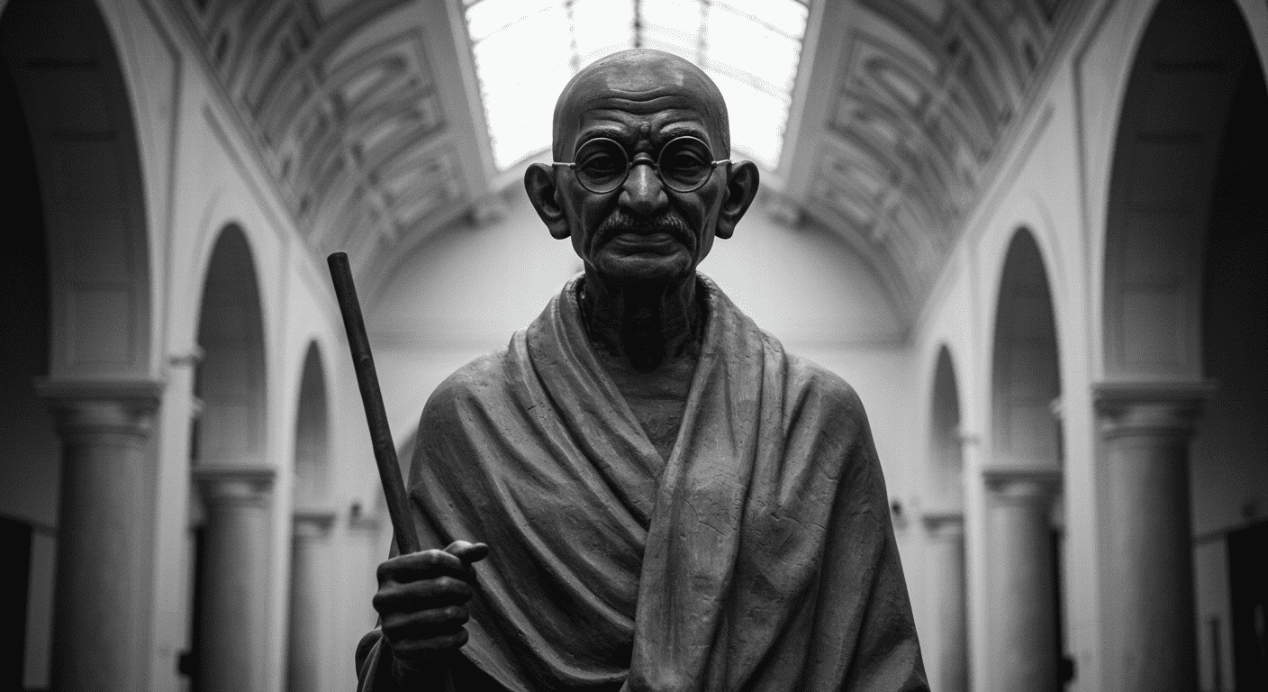 ¿Quién fue Mahatma Gandhi? Vida, lucha y legado del líder pacifista 7 Estatua de Mahatma Gandhi en blanco y negro. Escultura sobre el líder pacifista indio, ideal para temas de cultura e historia. Accesible para personas con discapacidad visual.
