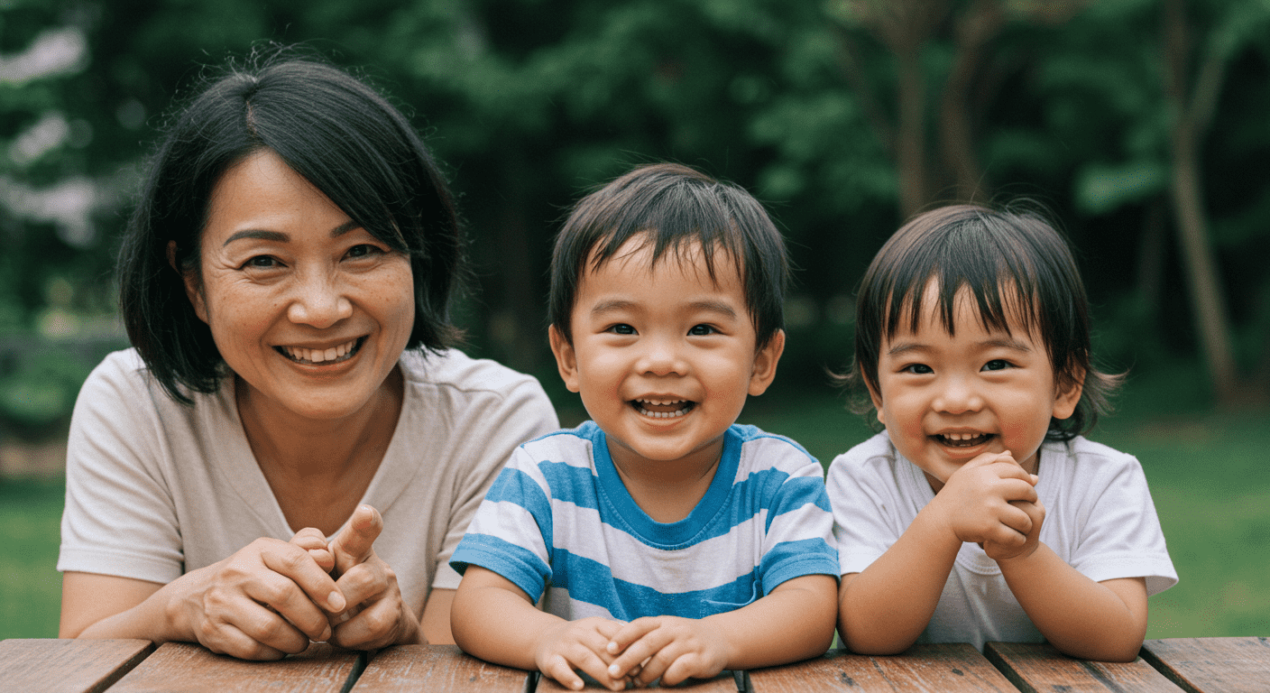 Rasgos asiáticos: La razón científica detrás de la forma de los ojos 5 "Madre asiática sonriendo con sus dos hijos pequeños en un parque. Imagen de familia feliz disfrutando de la naturaleza. Accesibilidad visual: mujer y niños con sonrisa genuina sentados en una mesa de picnic."