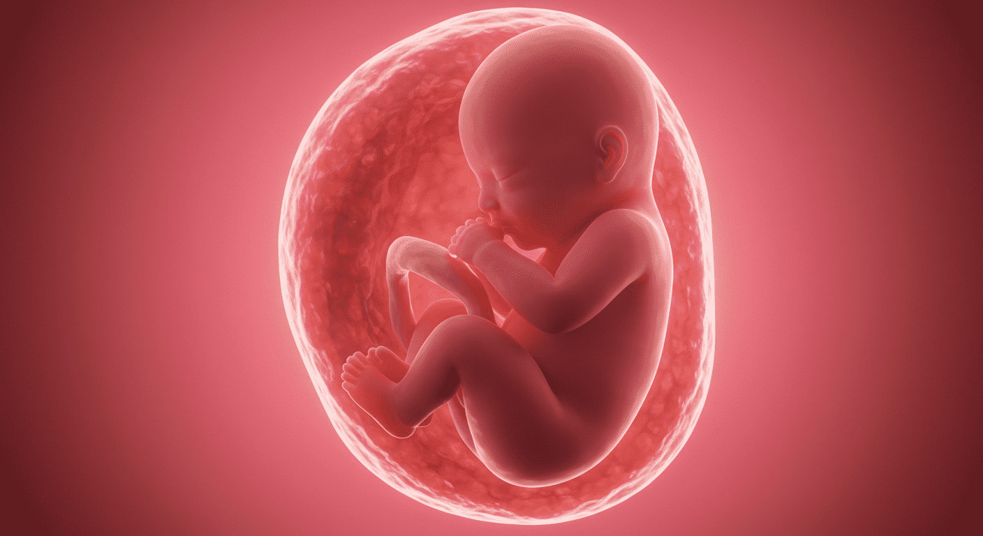 Enfermedades genéticas: qué son y los tipos más comunes 3 Imagen de un feto humano dentro del útero materno, en un ambiente rosado y protector. Representación del embarazo y el desarrollo prenatal.