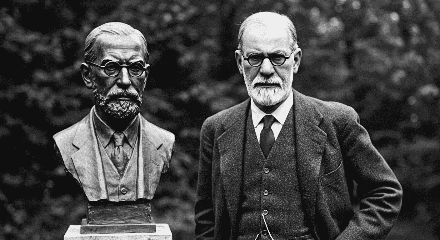 La vida de Sigmund Freud: descubrimientos, teorías y controversias 6 Sigmund Freud junto a un busto de sí mismo, fotografía en blanco y negro. Imagen del psicoanalista con su escultura. Accesible para personas con discapacidad visual.
