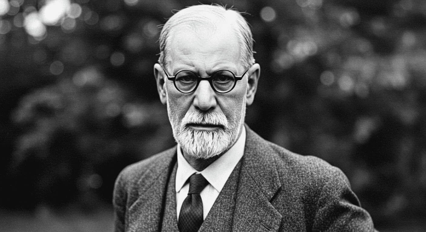 La vida de Sigmund Freud: descubrimientos, teorías y controversias 5 Retrato en blanco y negro de Sigmund Freud al aire libre. Fotografía del psicoanalista con expresión seria. Accesible para personas con discapacidad visual.