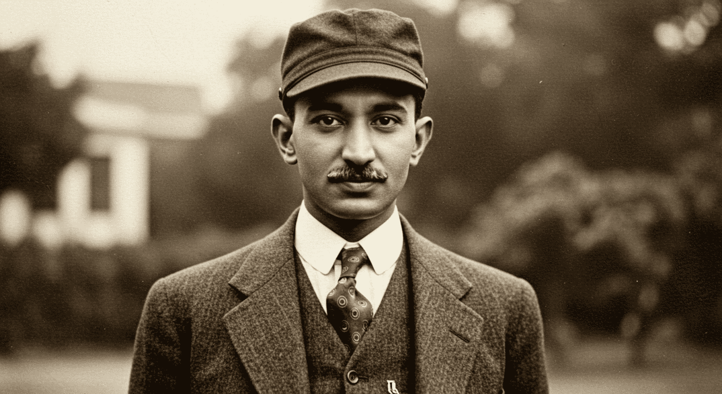 ¿Quién fue Mahatma Gandhi? Vida, lucha y legado del líder pacifista 2 Retrato joven de Mahatma Gandhi con traje y corbata. Imagen histórica de la India, ideal para temas de biografía y cultura. Accesible para personas con discapacidad visual.
